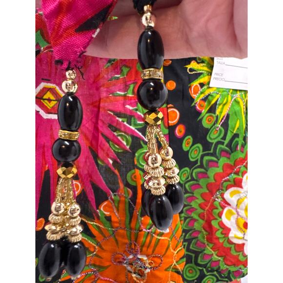 Junglee Billee Boho Black Multicolor Embroidered Shorts w/ Beaded Tie - Picture 4 of 10